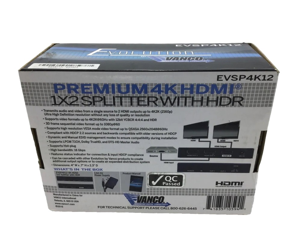 Evolution by Vanco EVSP4K12 Premium 4K HDMI 1x2 Splitter with HDR