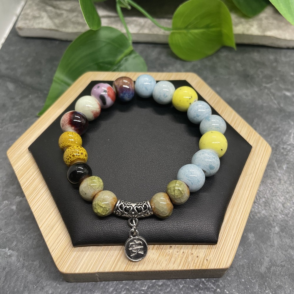 Handmade Ceramic Bead Beaded Stackable 6.5” Plus Stretch Bracelet New B469