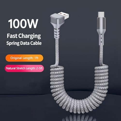 Fast Charging 90 Degree Coiled USB-C Cable, 1 Pack 5FT Elbow-USB-C-Gray