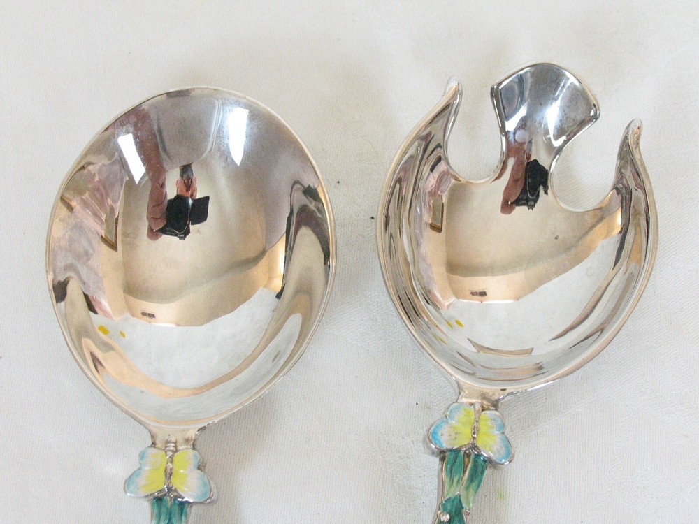 Godinger Rare Silverplated Enamel Butterflies Serving Spoon and Fork