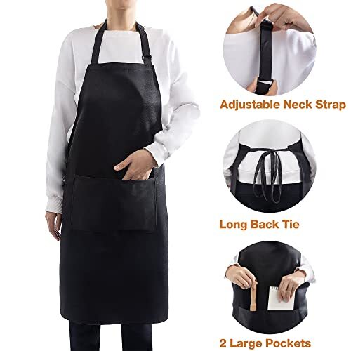 4 Pack Adjustable Apron Apron with 2 Pockets, Machine Washable Polycotton Black