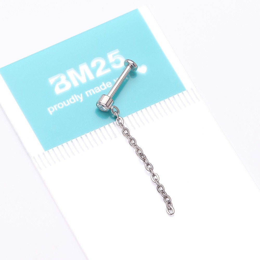 Implant Grade Titanium Sparkle Gem Long Chain Dangle Internally Threaded Labret
