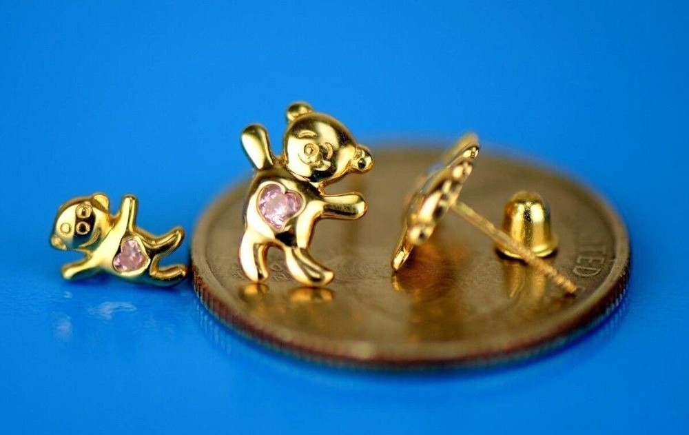 14k Yellow Gold CZ Bear Stud Earrings
