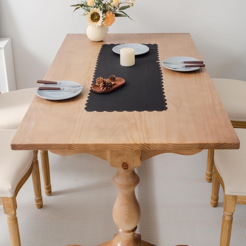 Small Solid Black Farmhouse Scalloped Table Runner Washable Polyester 13x36 Inc