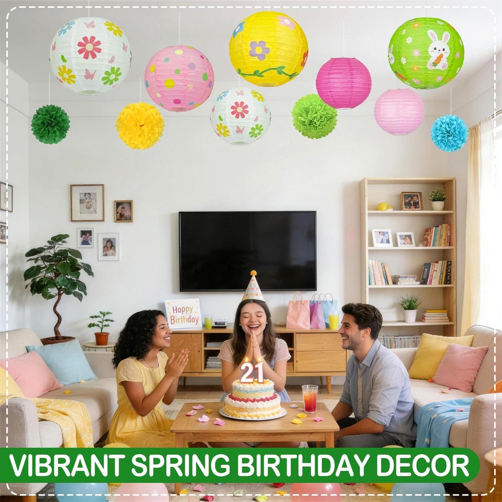 Spring Hanging Decorations – 14 Pack Pastel Bunny & Daisy Paper Lanterns, Pom...