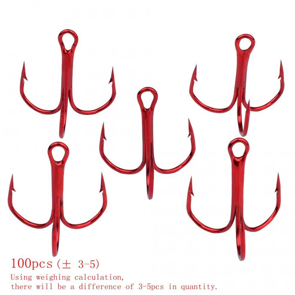 100PCS Red Treble Hooks High Carbon Steel Sharp &Round Bend Size #2-#12