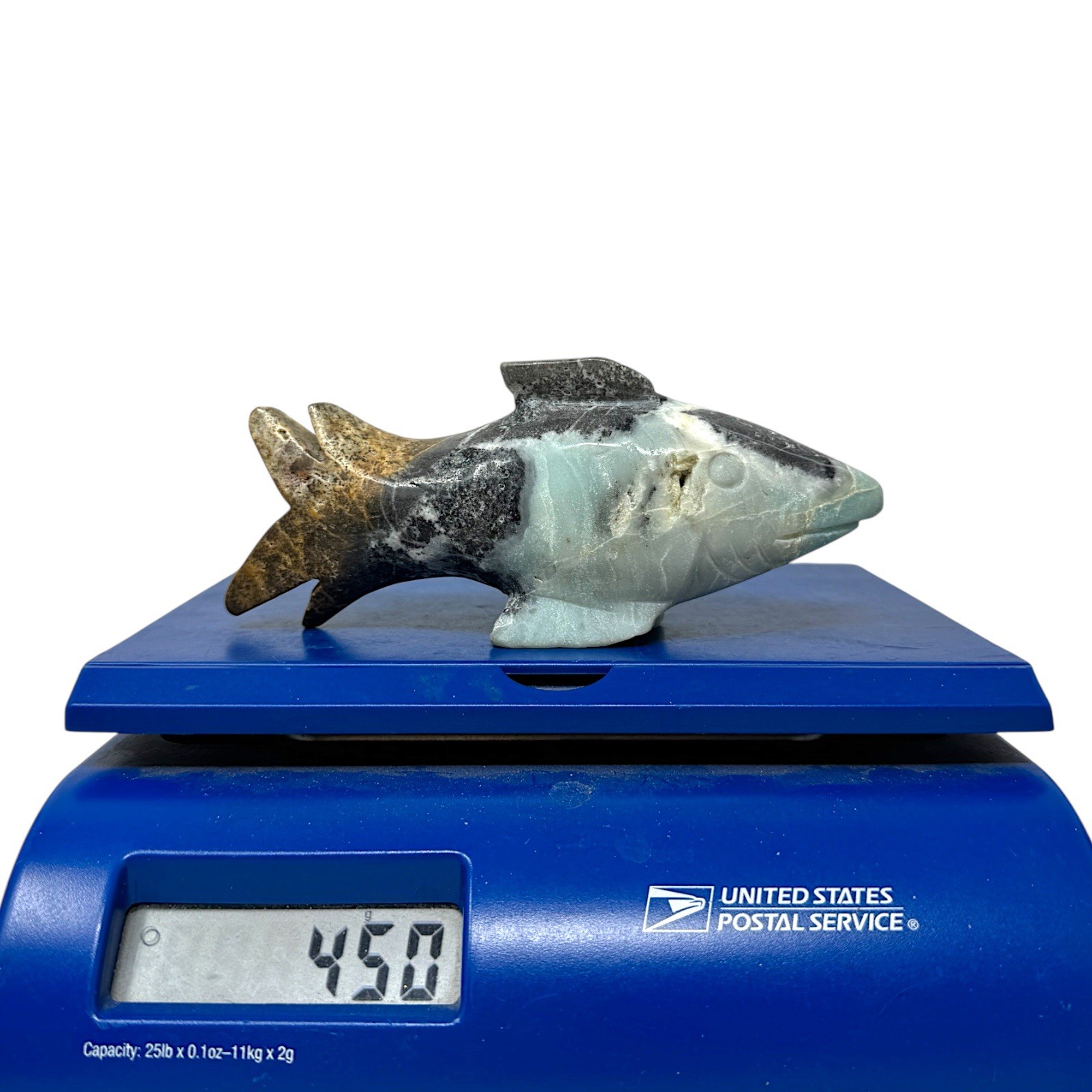 Caribbean Calcite Stone Shark Sculpture Carved Crystal Art Decor 450grams