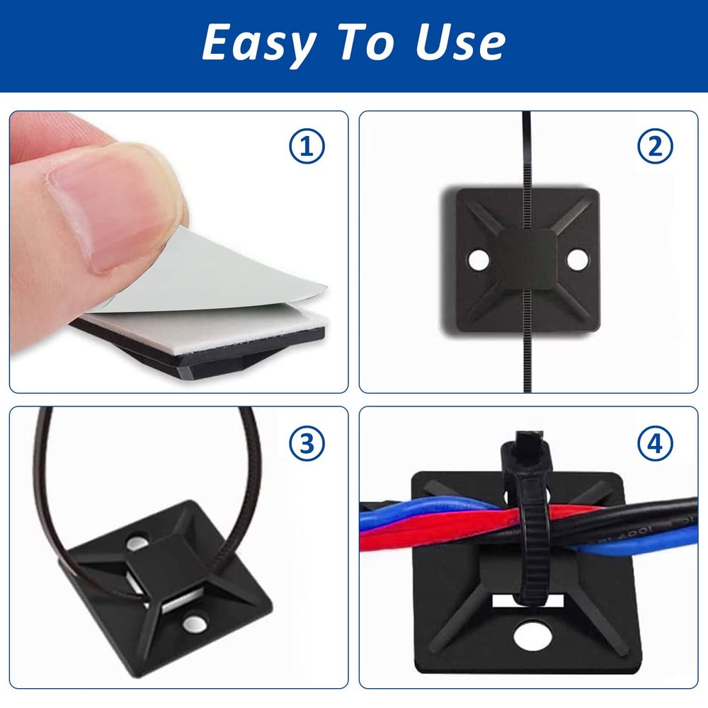 Strong Back-Glue Self Adhesive Cable Zip Tie Mounts Kit - 100 Set Cable