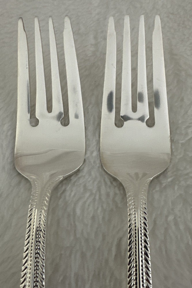 2 WALLACE Wickham Deep Silverplate Salad Forks Flatware Fan Bead 7”
