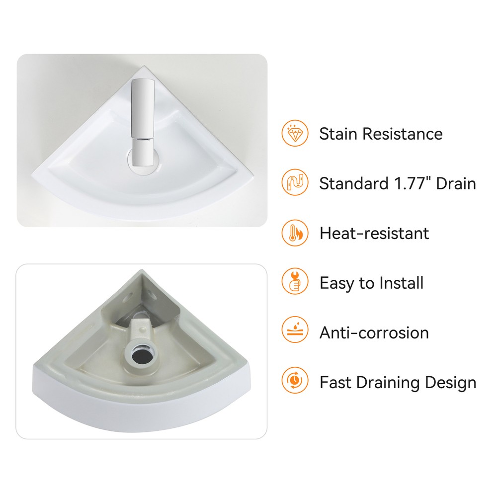 Modern Small Wall Mounted Corner Bathroom Sink with Overflow White Triangle