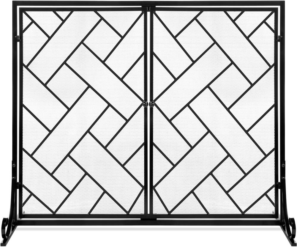 Handcrafted Wrought Iron 2-Panel Fireplace Screen with Magnetic Doors - Black