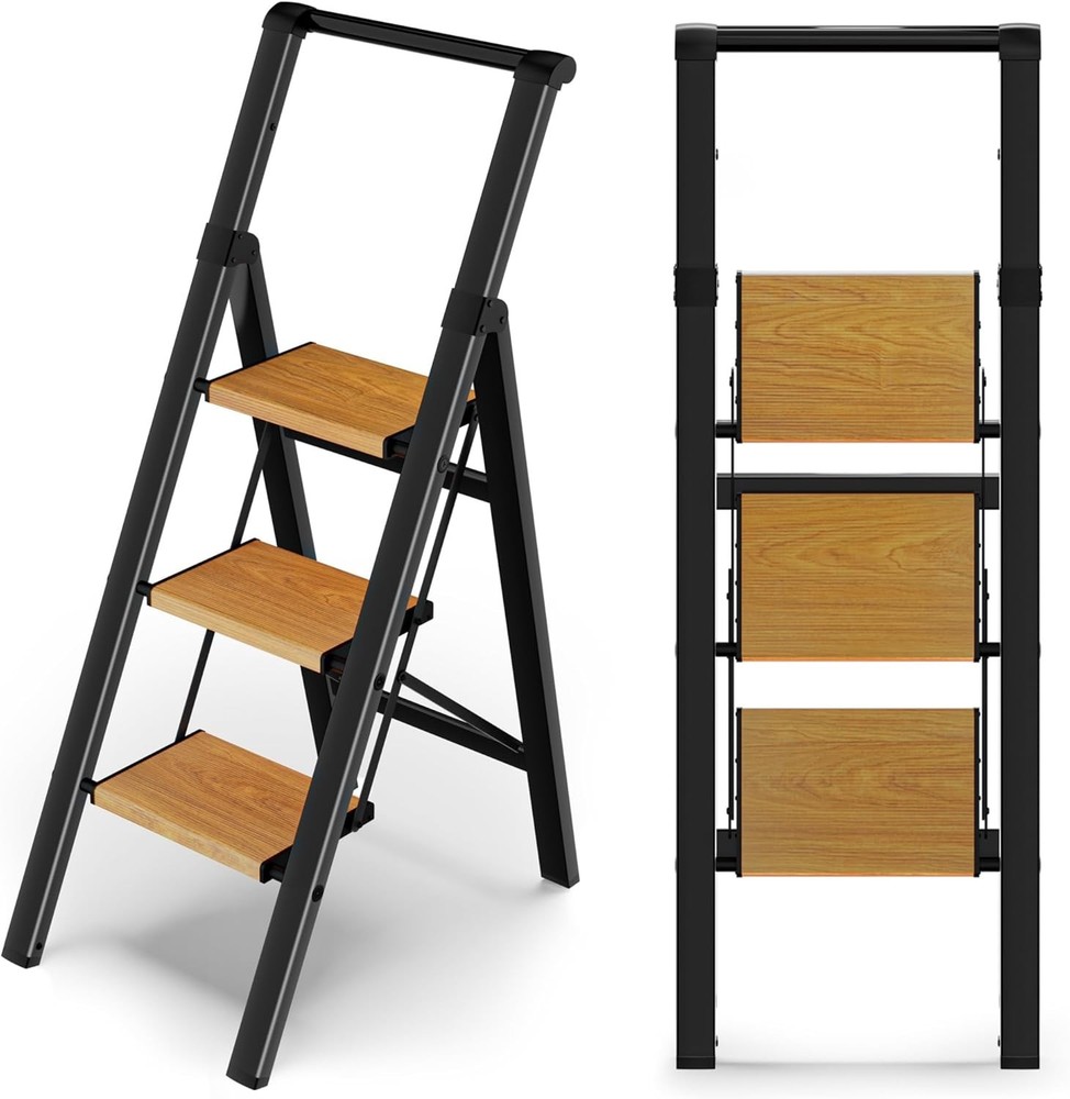 3 Step Ladder Folding Step Stool with Handle, Kitchen Step Stool for Adults, ...
