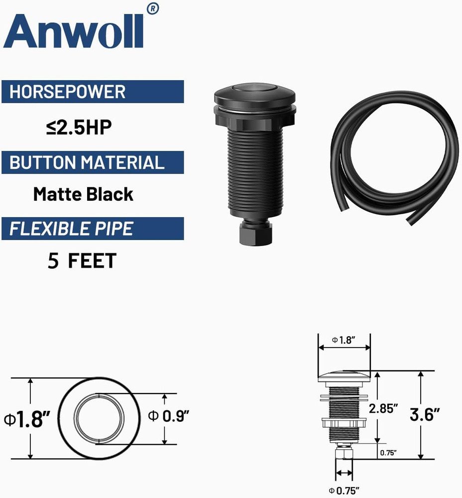 Air Activated Sinktop Switch Push Button for Garbage Disposal, Matte Black with