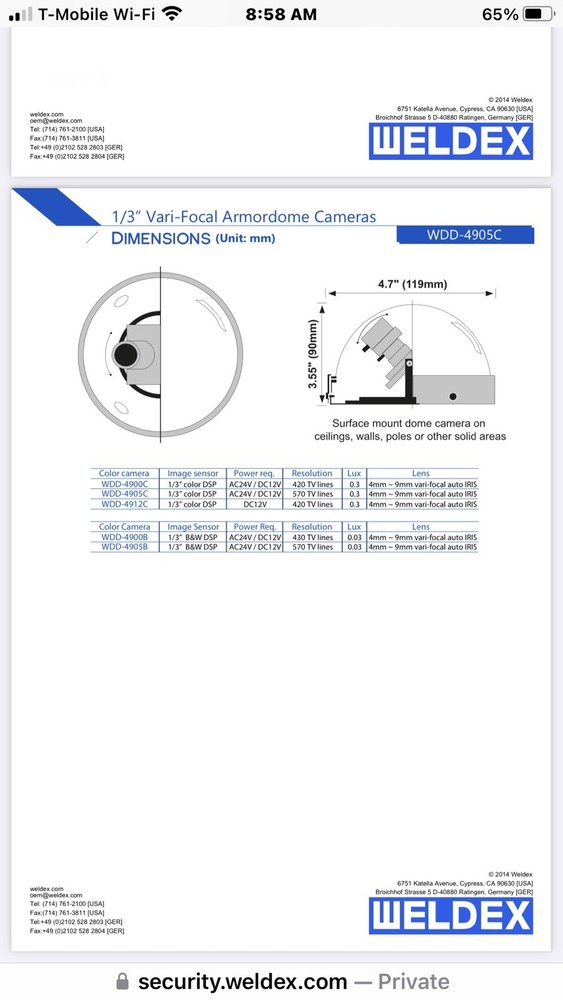 WELDEX WDD-4905C Color Hi Res Armor Dome Camera