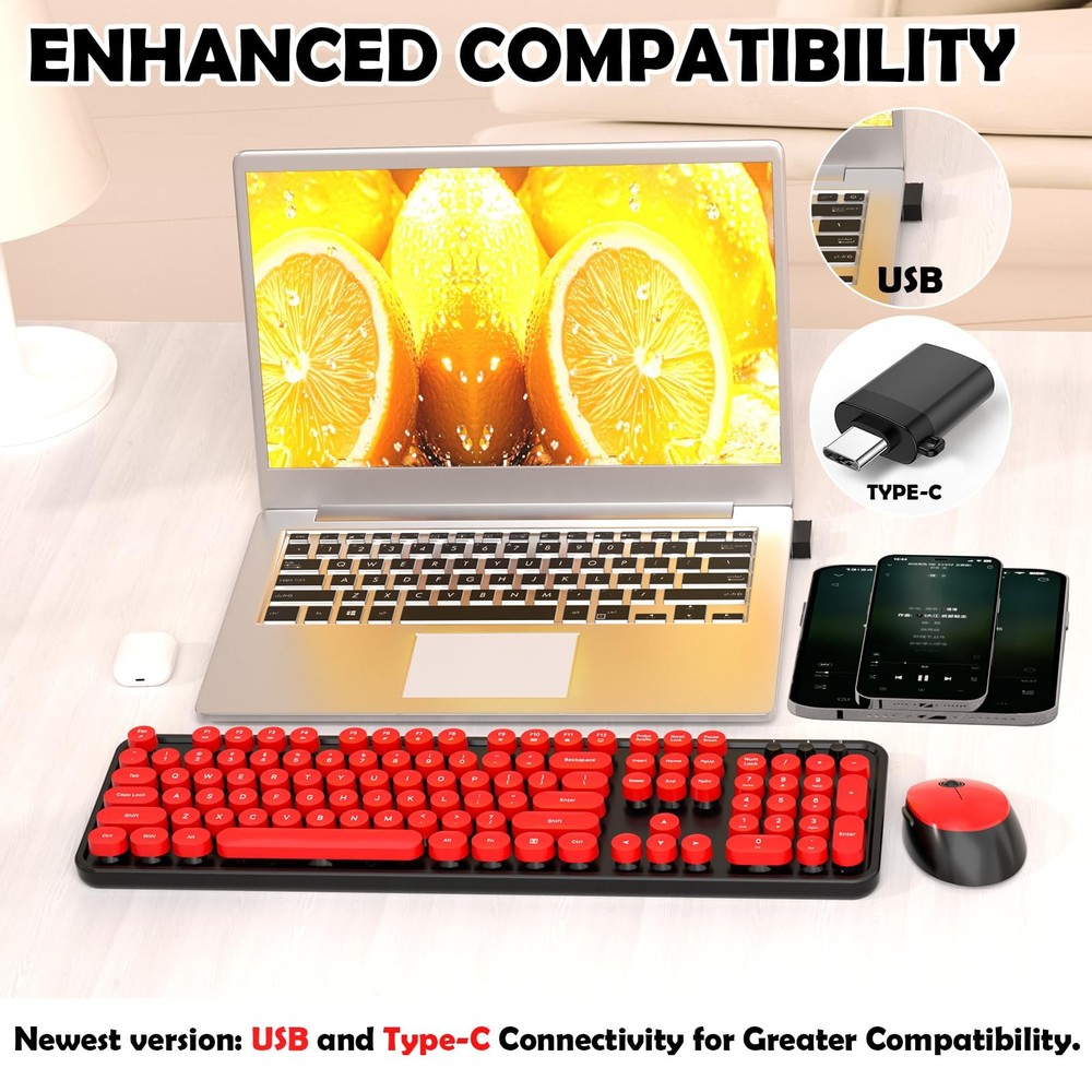 Wireless Keyboard, Mouse, Retro Typewriter, Round Keycaps, Black, Red, Full-Size