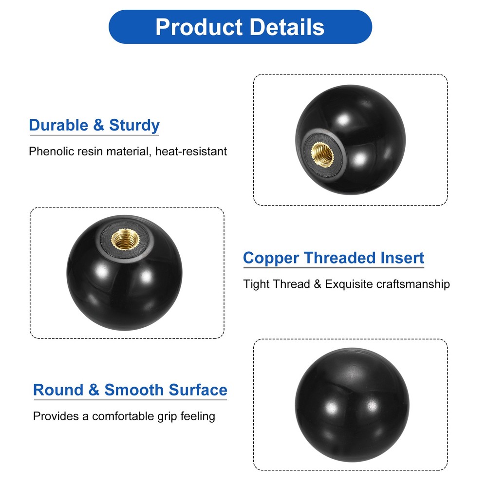 M8 Copper Thread 40mm Dia Threaded Ball Knobs for Machine Handle, Black