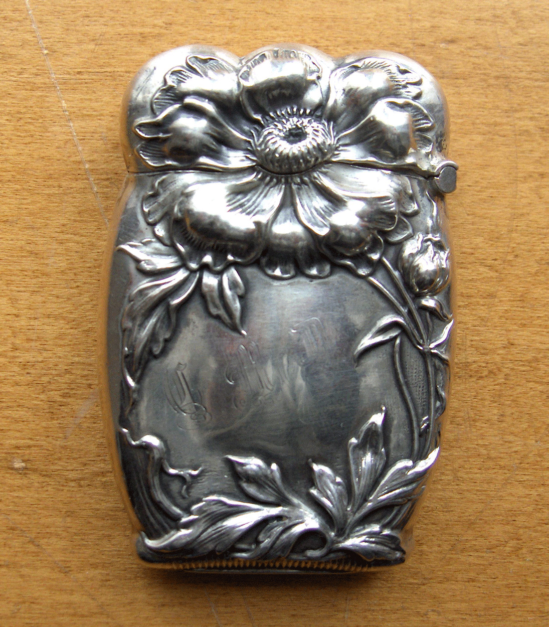 Sterling silver antique match safe/vesta striker case~Art nouveau repousse poppy