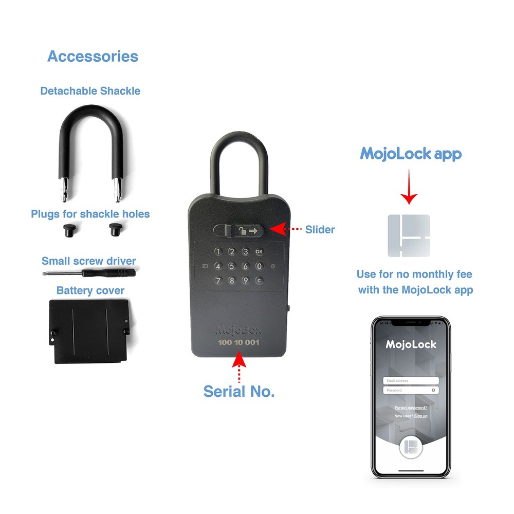 MojoBox, Digital Lockbox, Bluetooth Key Lockbox, iOS/Android App Remotely Gen...