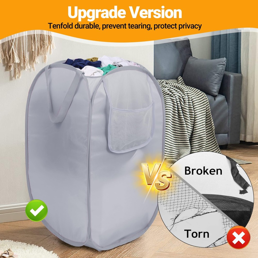 Sturdy Collapsible Laundry Baskets with Side Pocket, Pop Up Laundry Hamper Li...