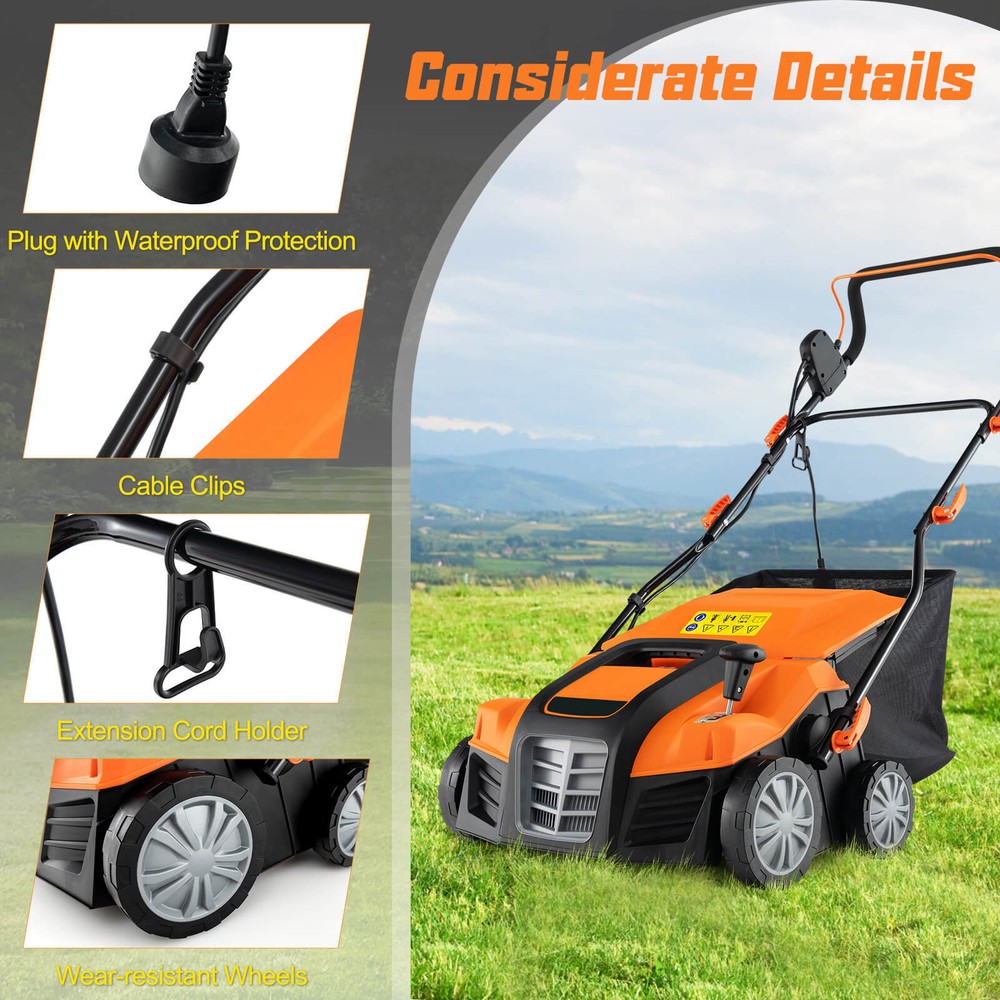 16-Inch Folding Electric Dethatcher & Scarifier w/ 3-Position Height Adjustment