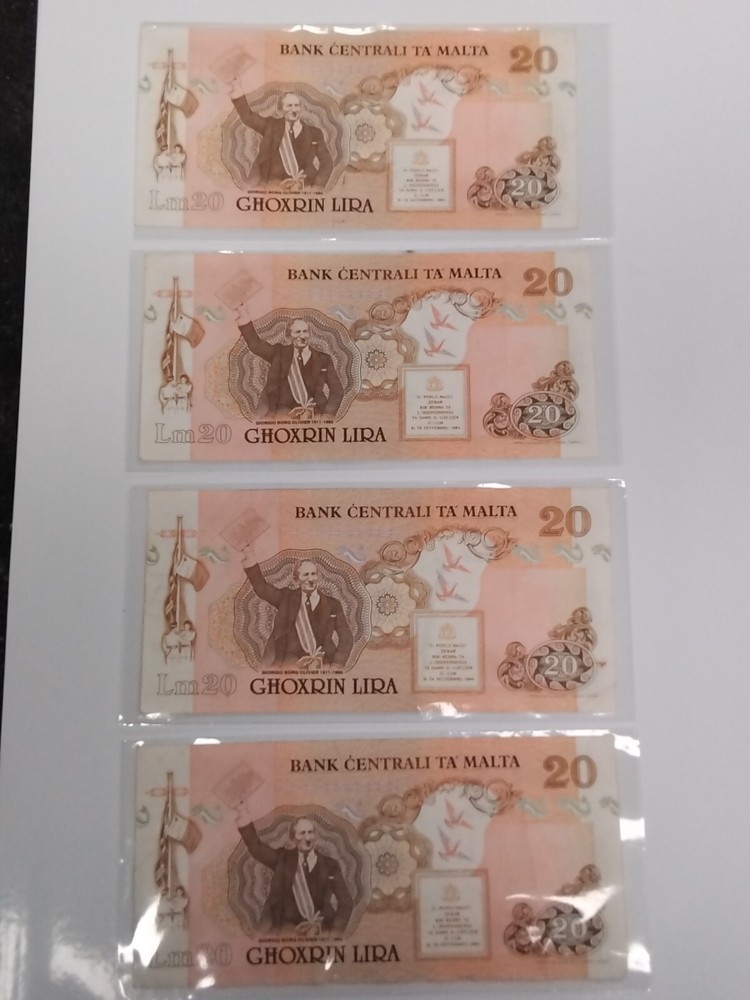 Maltese 20 Lira Bank Notes x4 consecutive unc
