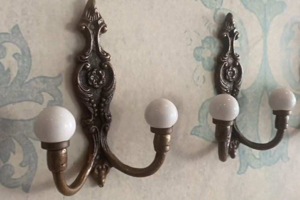 Old Bath Robe Coat Hook Hall Mirror Fancy Decorated Solid Brass Porcelain Knobs