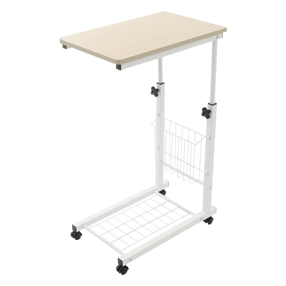 2 Tiers Adjustable Bed Side Table Thickened Mobile Standalone Table w/ Wheels