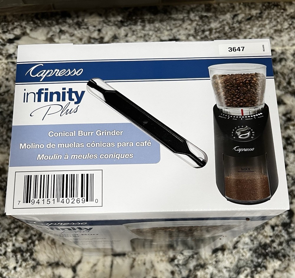 Capresso Infinity Plus Conical Burr Coffee Grinder, Black - NEW