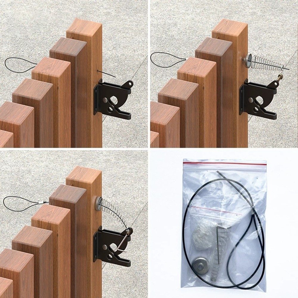 Black Adjustable Spring Loaded Gate Latch with Cable Pull for Fence Doors
