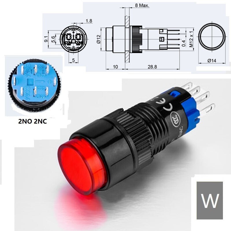 12mm DPDT Illuminated ON/OFF Round Plastic Push Button Switch (LAS2Y-Z)