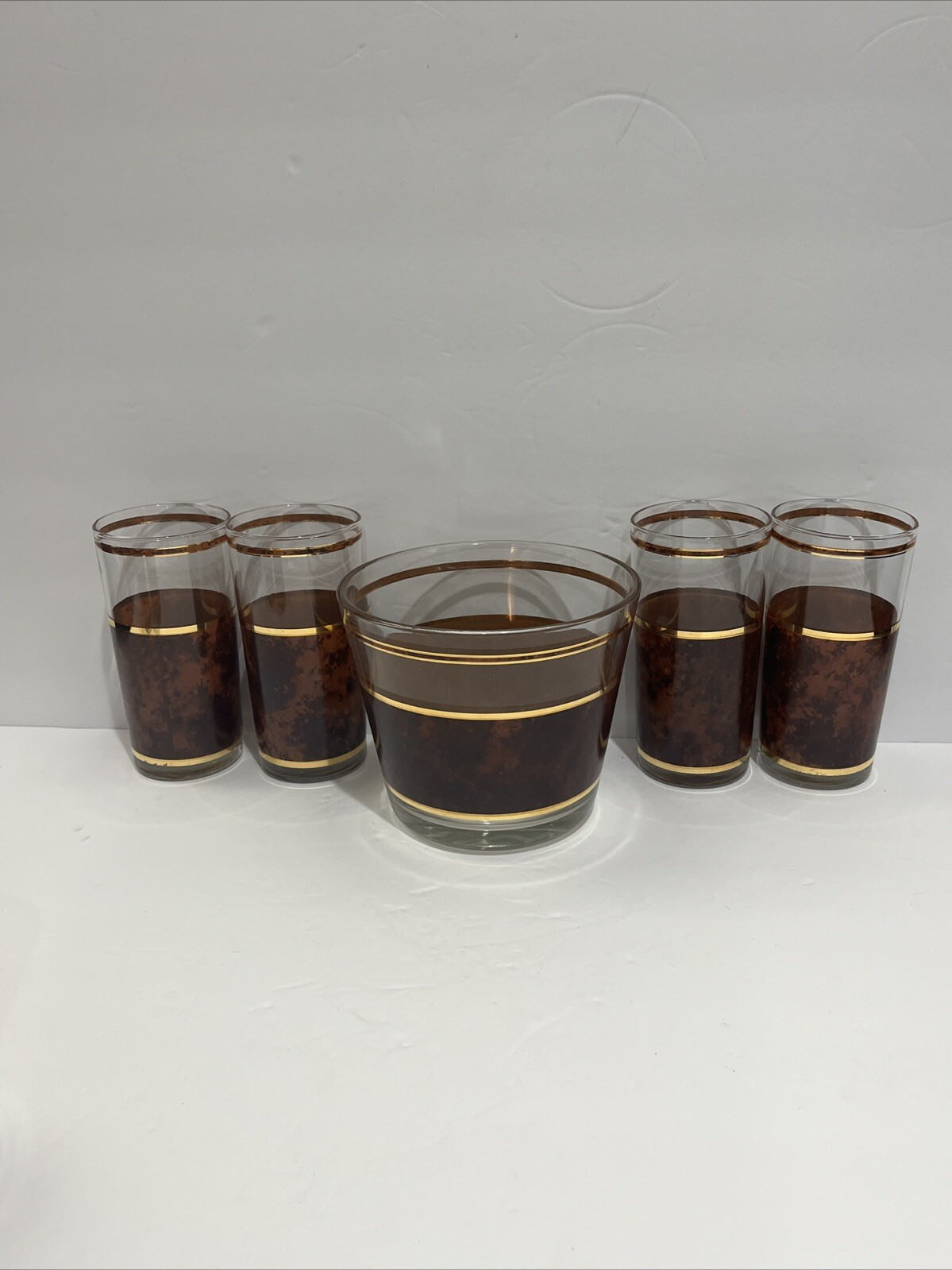 VTG Culver Tortoise Mid-century Set Of 2 rocks, 5 Tumbler Glasses, Ice Bucket