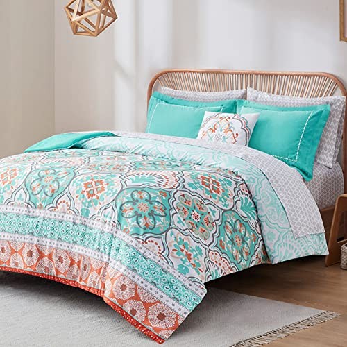 Full Size Comforter Sets with Sheets Floral, Aqua Boho Complete Bedding Set