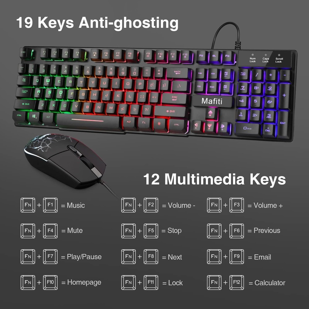 RK101 Computer Keyboard Mouse Combo Wired RGB Backlit USB Keyboard for PC Mac...
