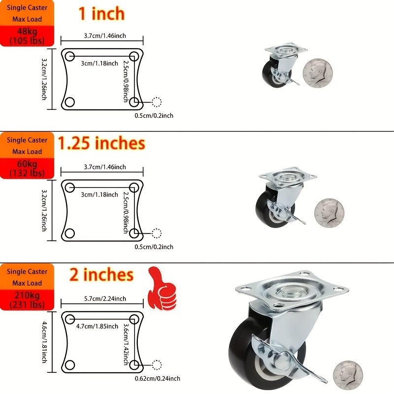 Swivel Caster Wheels with Brake - Quiet, 360° Rotating for Furniture & Carts