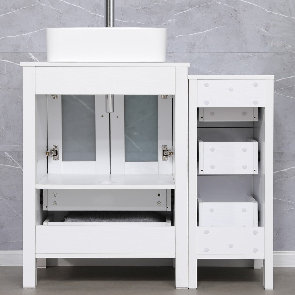 36" White Bathroom Vanity Combo Ceramic Rectangle Vessel Sink Side Cabinet Set