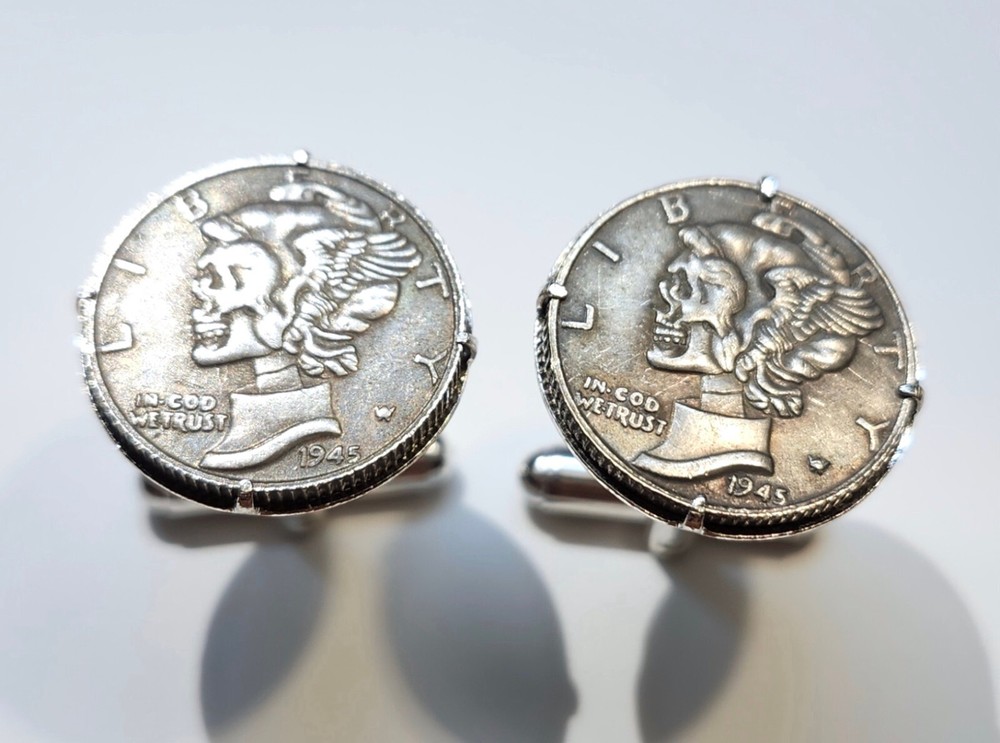 Hobo Mercury Dime Skull Coin Cufflinks + Gift Box!