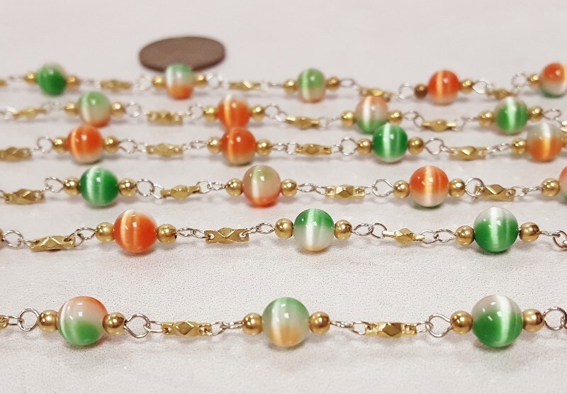 5 FEET VINTAGE GLASS GREEN ORANGE WHITE GIVRE CATS EYE BEADED ROSARY CHAIN 4221