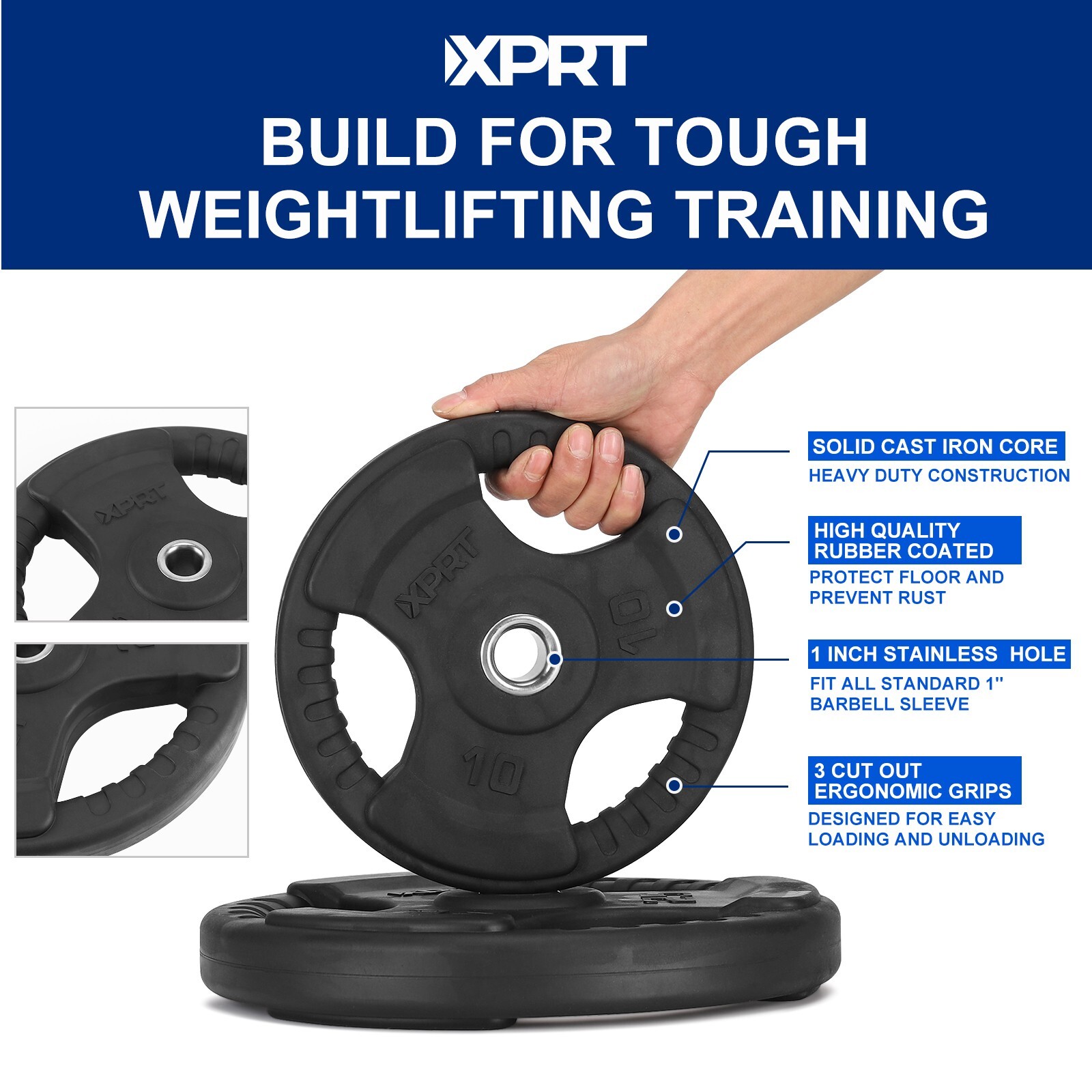 XPRT Fitness Standard Weight Plates 2.5-45lb Rubber Coated Triple-Grip Home Gym