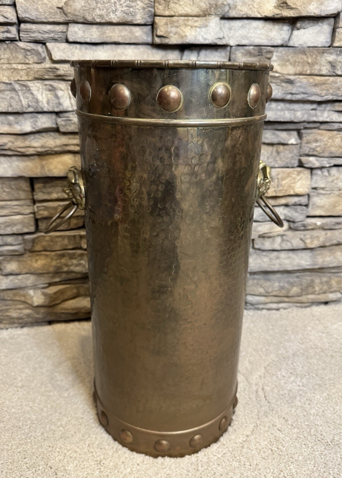 18" Tall Vintage Hammered Brass Umbrella Stand With Lion Head Handles Hong Kong