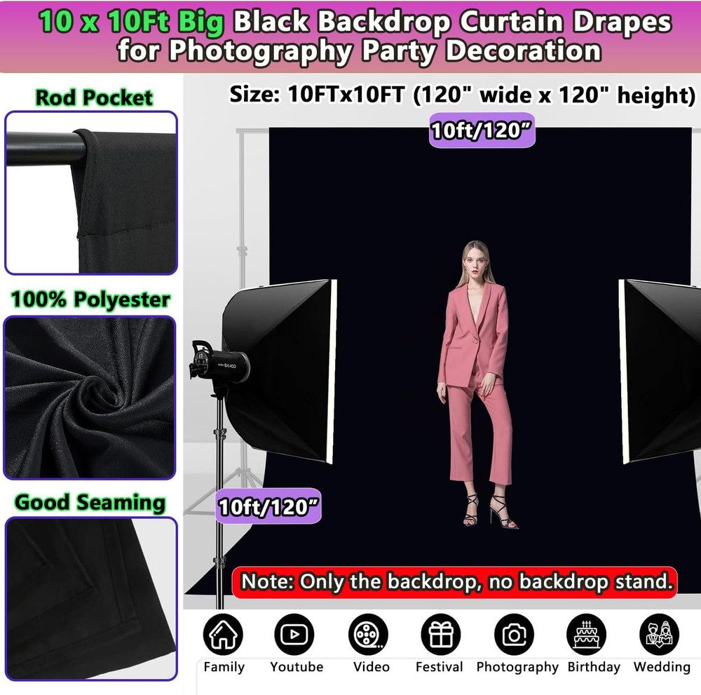 Black Backdrop 10 X 10 Ft, Solid Black Photo Backdrop, High Density Polyester...