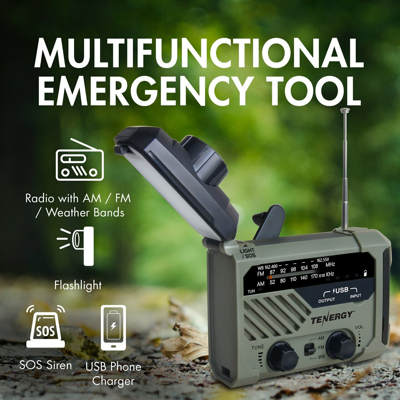 Tenergy Emergency Solar Hand Crank Weather Radio Power Bank Charger Flash Light