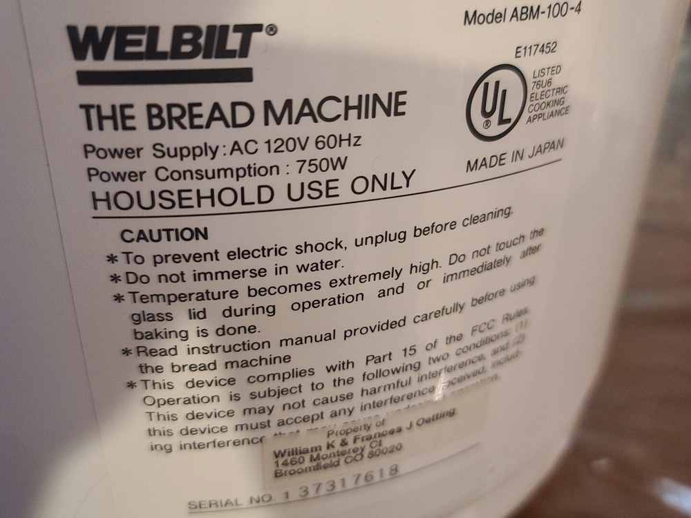 Welbilt The Bread Machine Model ABM-100-3 Bread Maker- Tested & works