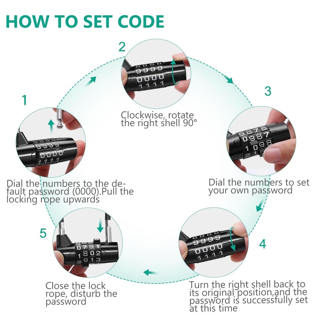 Long Shackle Combination Padlock, 4 Digit Combination Cable Lock, Resettable ...