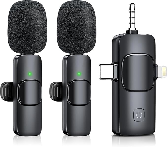 2-Pack Wireless Lavalier Microphone 3-in-1 Receiver for iPhone Android Camera Mi