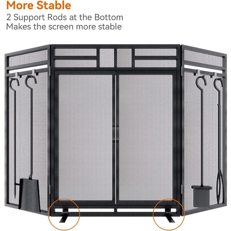 Fireplace Screen with Doors and Tools Set,3 Panel Foldable Metal Fireplace Guard
