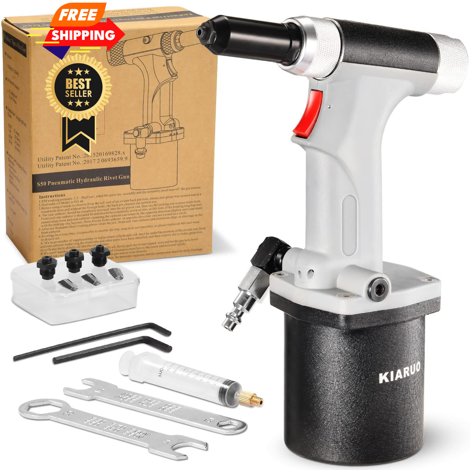 KIARUO Pneumatic Rivet Gun 3/16" 5/32" 1/8" S50 General Model, grey