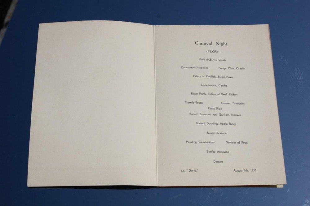 WHITE STAR LINE RMS DORIC MENU AUGUST 9TH 1933 CARNIVAL NIGHT