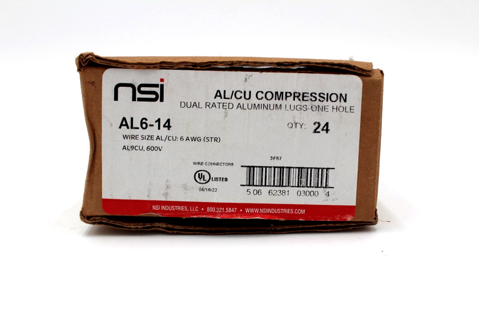 NSi AL6-14 Compression Lug 6 AWG 1/4” 1-Hole Aluminum Long Lug *BOX OF 24