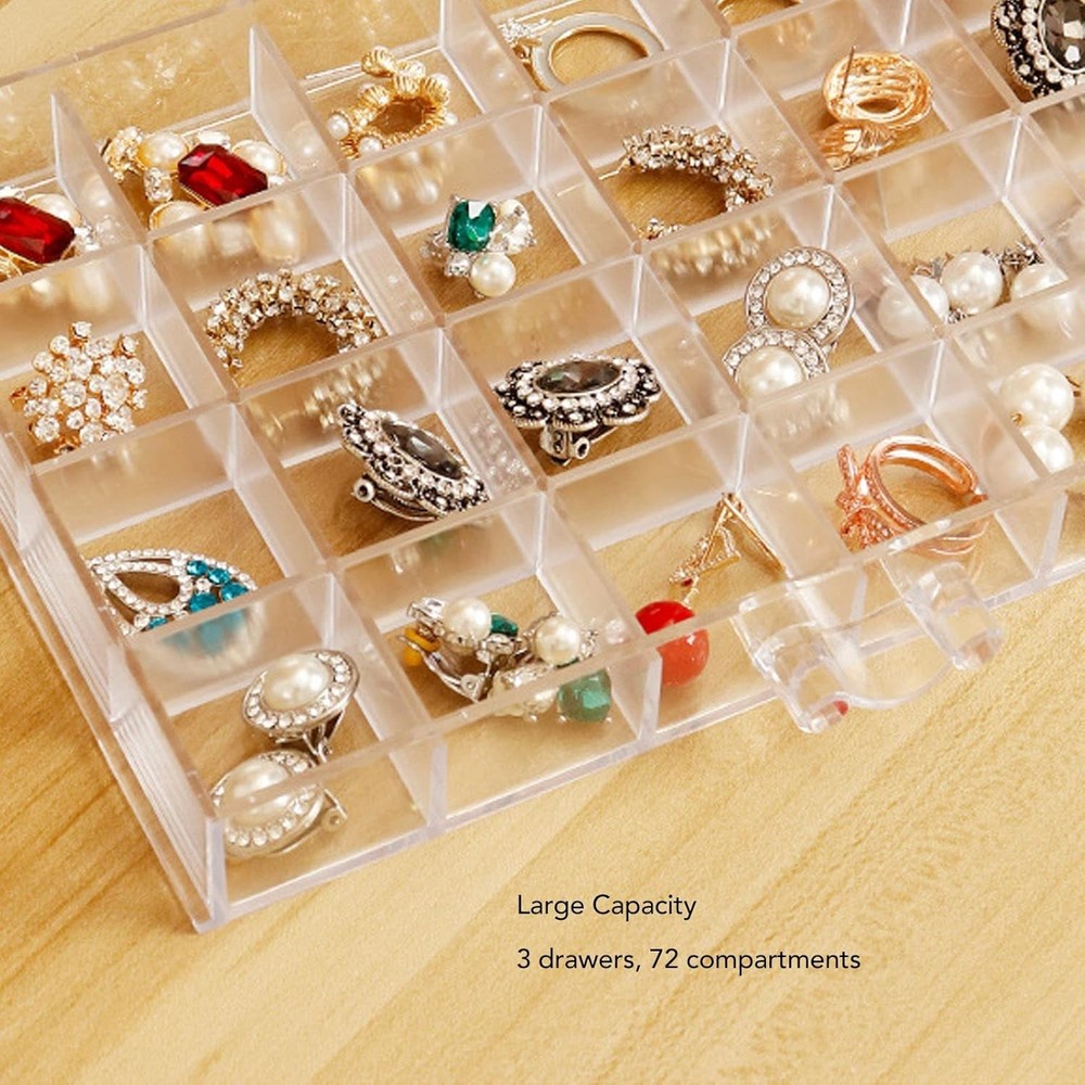 3-Layer Acrylic Jewelry Organizer Box - 72 Grids Clear Stackable White
