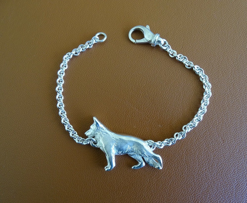 Large Sterling Silver German Shepherd Dog Standing Study Bracelet